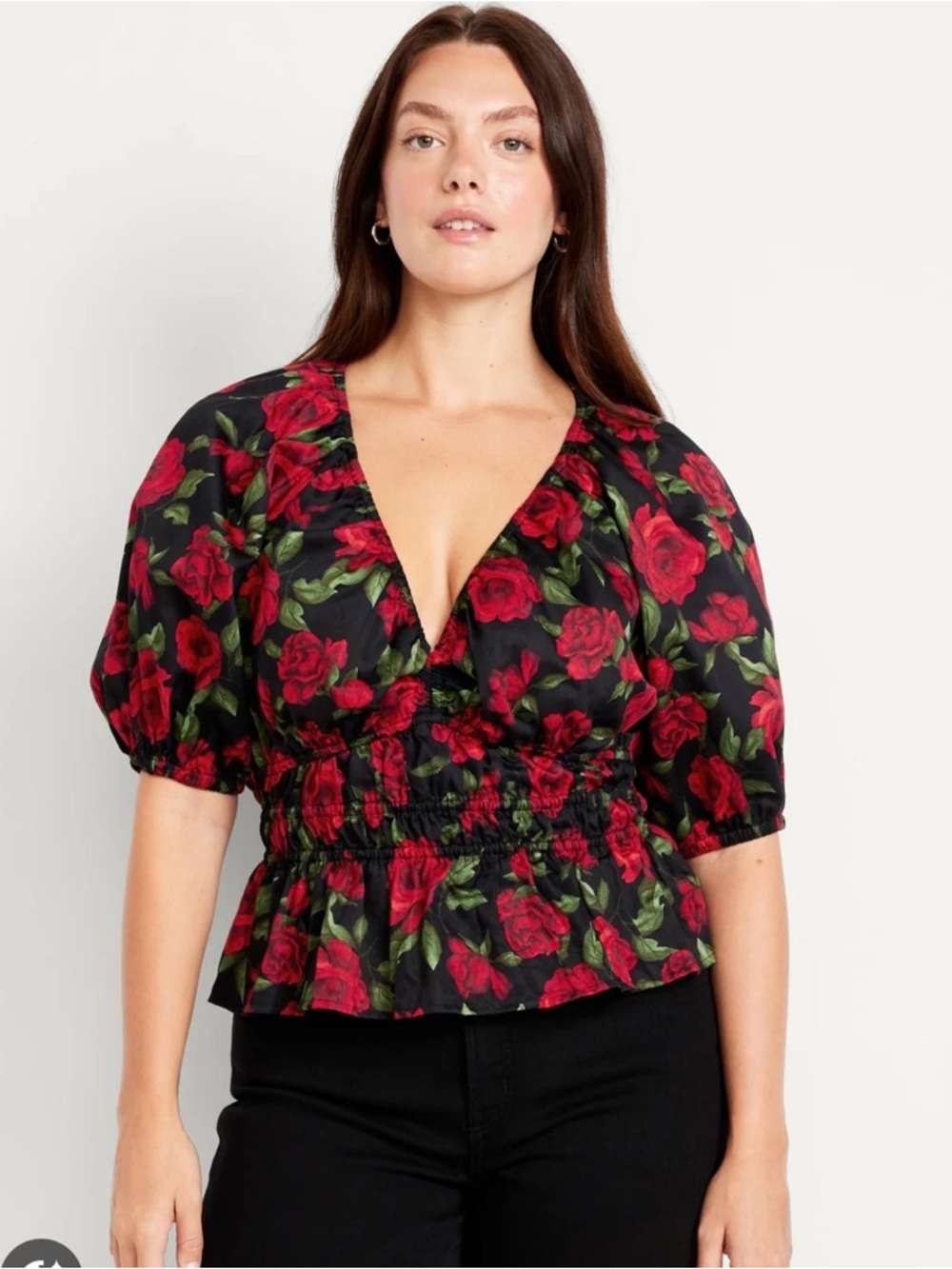 Old Navy Floral Smocked Babydoll Top XL Red Rose Print Puff Sleeve Boho